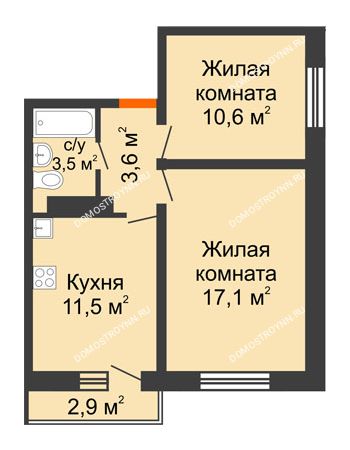 2 комнатная квартира 47,07 м² в ЖК Корабли, дом № 54