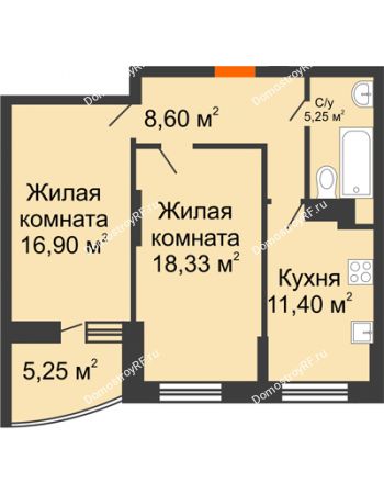 2 комнатная квартира 63,1 м² в ЖК Россинский парк, дом Литер 1