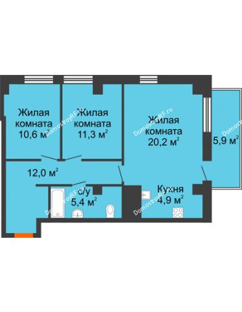 3 комнатная квартира 67,1 м² в ЖК Времена года, дом № 1