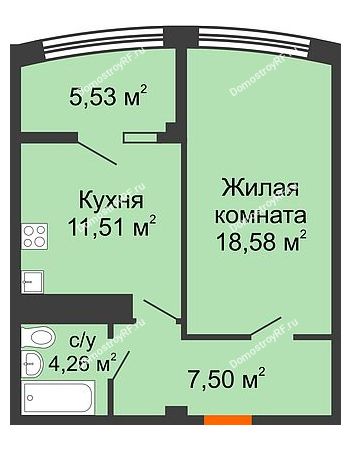 1 комнатная квартира 47,38 м² в ЖК Малахит, дом № 1