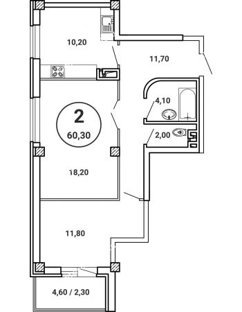 2 комнатная квартира 60,3 м² в ЖК Лебедь, дом № 50