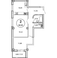 2 комнатная квартира 60,3 м² в ЖК Лебедь, дом № 50 - планировка