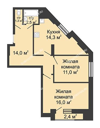 2 комнатная квартира 59,1 м² - ЖД по ул. Сазанова