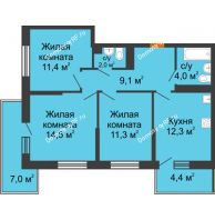 3 комнатная квартира 68 м² в ЖК Отражение, дом Литер 2.2 - планировка