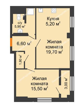 2 комнатная квартира 56,29 м² в ЖК Сокол на Оганова, дом Литер 1