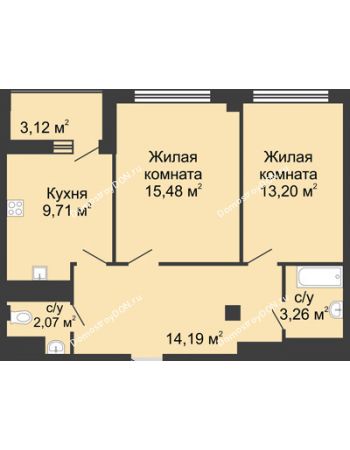 2 комнатная квартира 59,73 м² в  ЖК РИИЖТский Уют, дом Секция 1-2