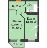1 комнатная квартира 43,48 м² в ЖК Россинский парк, дом Литер 2 - планировка