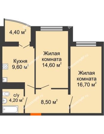 2 комнатная квартира 55,8 м² в ЖК Дружный, дом Литер 2.3