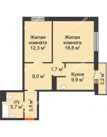 2 комнатная квартира 61,1 м² в ЖК на Калинина, дом № 2.1