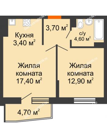 2 комнатная квартира 44,9 м² в ЖК Династия, дом Литер 2