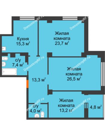 3 комнатная квартира 105,8 м² в ЖК Перья, дом № 1, 4 этап