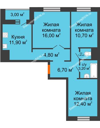 3 комнатная квартира 68,6 м² в ЖК Левенцовка парк, дом Корпус 8-5