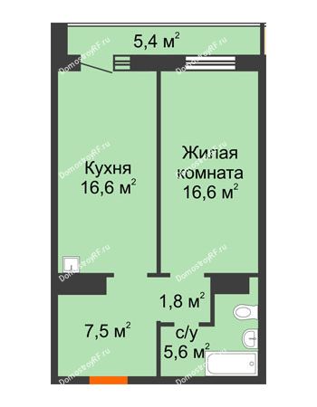 1 комнатная квартира 50,8 м² в ЖК на Калинина, дом № 2.1