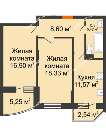 2 комнатная квартира 64,2 м² в ЖК Россинский парк, дом Литер 1