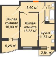 2 комнатная квартира 64,2 м² в ЖК Россинский парк, дом Литер 1 - планировка