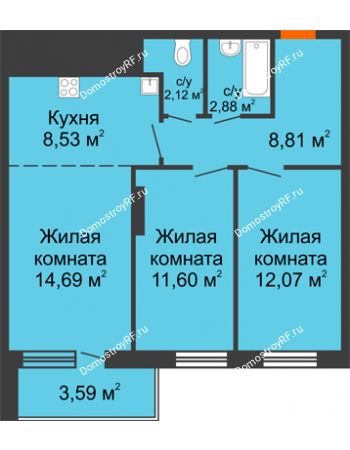 3 комнатная квартира 64,29 м² в ЖК На Хмельницкого	, дом № 3