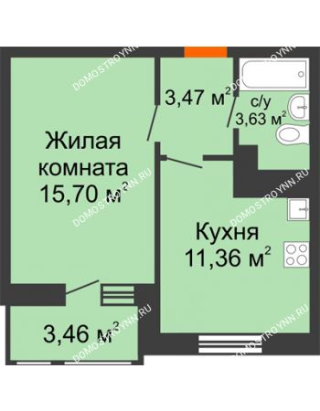 1 комнатная квартира 37,76 м² в ЖК Книги, дом № 2