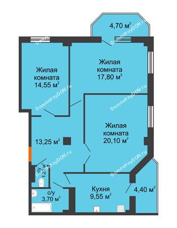 3 комнатная квартира 89,3 м² в ЖК Донские Просторы, дом Позиция 1
