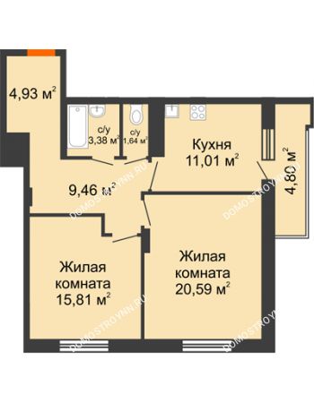2 комнатная квартира 69,22 м² в ЖК Циолковский, дом № 6