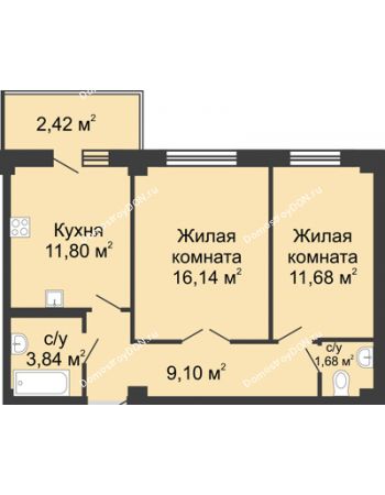 2 комнатная квартира 53,16 м² в ЖК Соловьиная роща, дом № 4