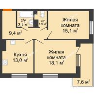2 комнатная квартира 60,6 м² в ЖК GRAFF HOUSE (ЖК ГРАФ ХАУС), дом Секция 1А - планировка