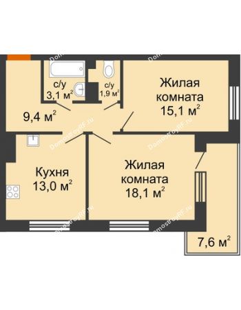 2 комнатная квартира 60,6 м² в ЖК GRAFF HOUSE (ЖК ГРАФ ХАУС), дом Секция 1А