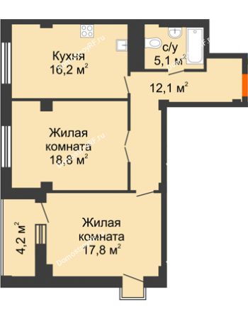 2 комнатная квартира 72,1 м² - ЖК Вершина