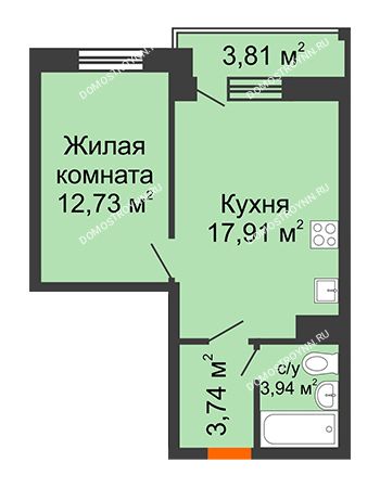 1 комнатная квартира 40,3 м² в ЖК Академический, дом № 15