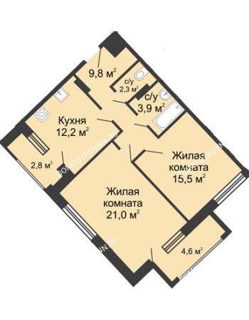 2 комнатная квартира 67,8 м² - ЖК Дом на Свободе