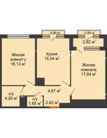 2 комнатная квартира 64,52 м² - ЖК Гран-При