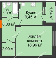 1 комнатная квартира 43,04 м² в ЖК Суворов-Сити, дом 1 очередь секция 6-13 - планировка