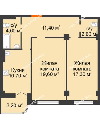 2 комнатная квартира 69,4 м² в ЖК Парк Островского 2, дом № 1