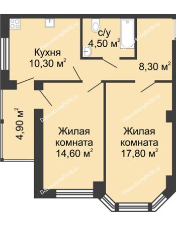 2 комнатная квартира 60,4 м² в ЖК Мега, дом № 118, секция 2