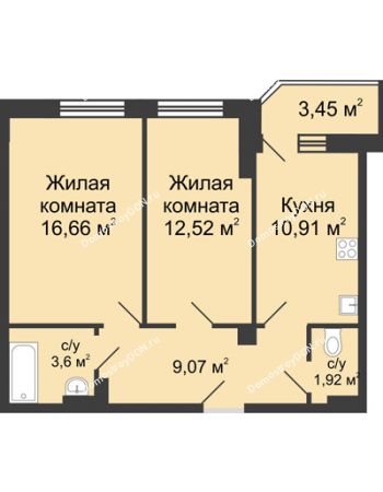 2 комнатная квартира 56,42 м² в ЖК Сердце Ростова, дом Этап II