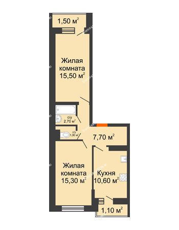 2 комнатная квартира 55,7 м² в ЖК SkyPark (Скайпарк), дом Литер 1, корпус 1, 2 этап