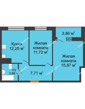 2 комнатная квартира 53,36 м² в ЖК Юго-Западный	, дом ГП-1