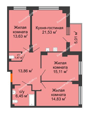 4 комнатная квартира 89,39 м² в ЖК Аврора, дом № 3