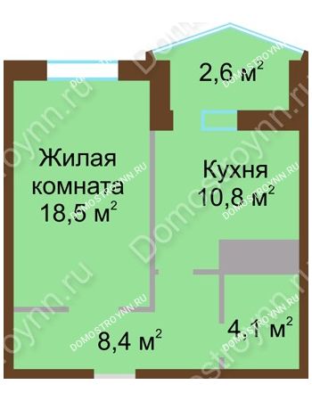 1 комнатная квартира 44,4 м² в ЖК Монолит, дом № 89, корп. 1, 2