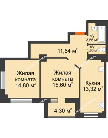 2 комнатная квартира 69,85 м² в ЖК Звезда, дом № 1