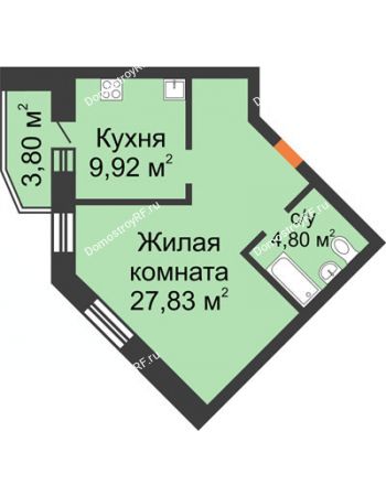 1 комнатная квартира 46,35 м² - ЖК На Владимирской