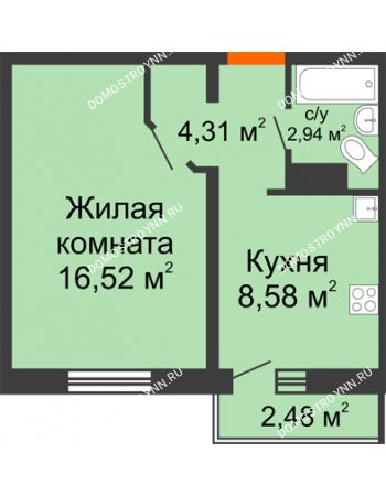 1 комнатная квартира 33,09 м² в ЖК Торпедо, дом № 14