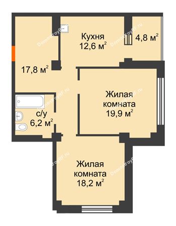 2 комнатная квартира 77,1 м² в ЖК Перья, дом № 1, 4 этап
