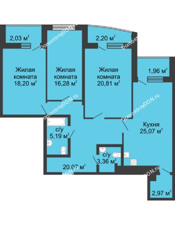 3 комнатная квартира 123,2 м² в ЖК Тихий Дон, дом № 3