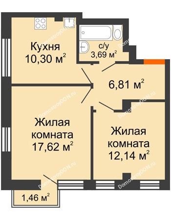 2 комнатная квартира 51,77 м² - ЖК Онегин